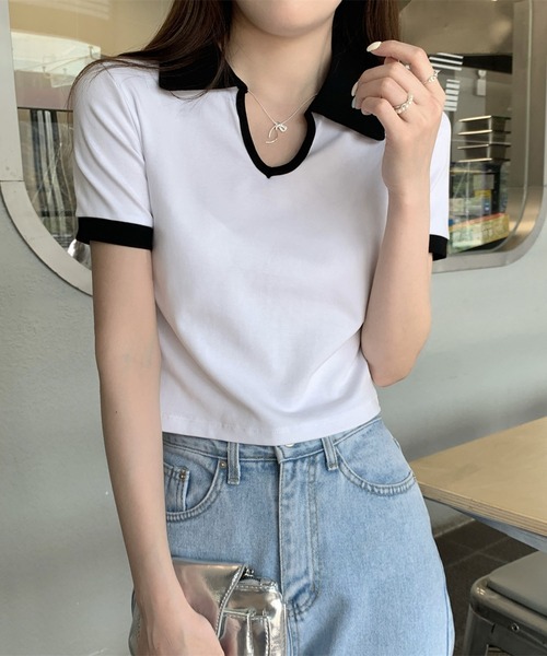 Girly Doll(ガーリードール)の「バイカラー半袖ポロカットソー(Tシャツ/カットソー・レディース・ホワイト/ブラック/グレー・L/M)」の9枚目の写真