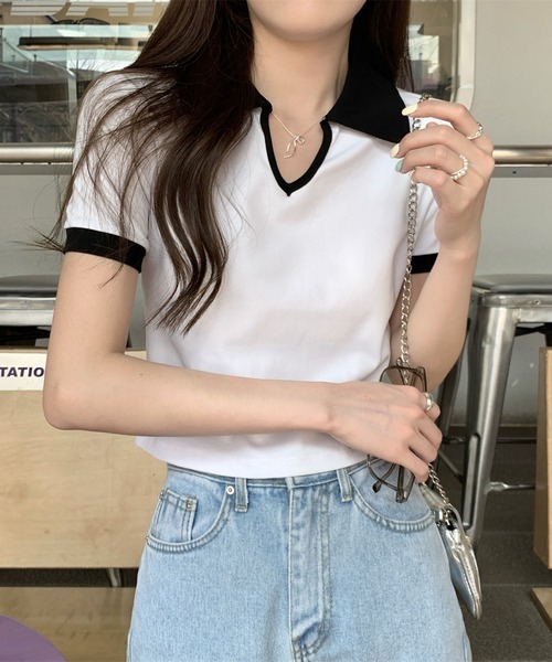 Girly Doll(ガーリードール)の「バイカラー半袖ポロカットソー(Tシャツ/カットソー・レディース・ホワイト/ブラック/グレー・L/M)」の10枚目の写真