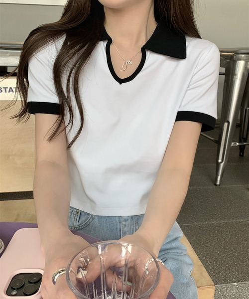 Girly Doll(ガーリードール)の「バイカラー半袖ポロカットソー(Tシャツ/カットソー・レディース・ホワイト/ブラック/グレー・L/M)」の11枚目の写真