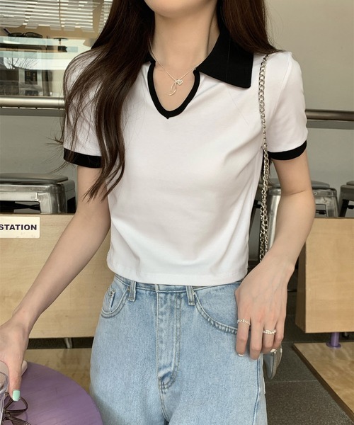 Girly Doll(ガーリードール)の「バイカラー半袖ポロカットソー(Tシャツ/カットソー・レディース・ホワイト/ブラック/グレー・L/M)」の12枚目の写真