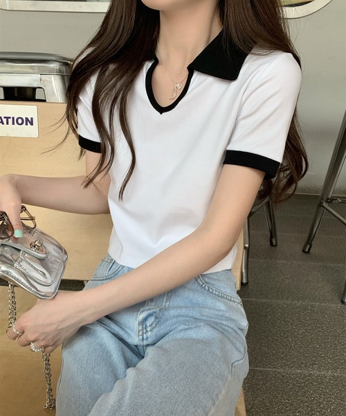 Girly Doll(ガーリードール)の「バイカラー半袖ポロカットソー(Tシャツ/カットソー・レディース・ホワイト/ブラック/グレー・L/M)」の13枚目の写真