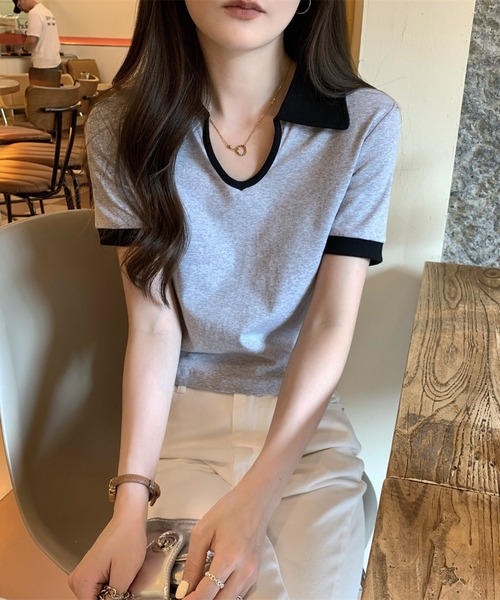 Girly Doll(ガーリードール)の「バイカラー半袖ポロカットソー(Tシャツ/カットソー・レディース・ホワイト/ブラック/グレー・L/M)」の15枚目の写真