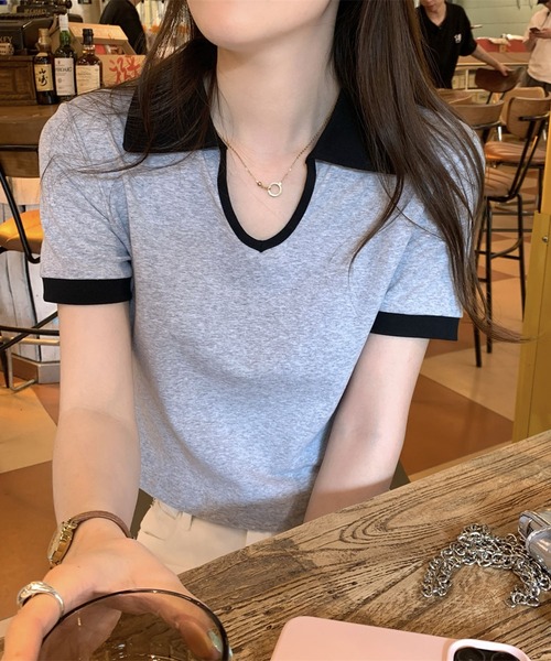 Girly Doll(ガーリードール)の「バイカラー半袖ポロカットソー(Tシャツ/カットソー・レディース・ホワイト/ブラック/グレー・L/M)」の16枚目の写真