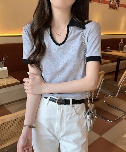 Girly Doll(ガーリードール)の「バイカラー半袖ポロカットソー(Tシャツ/カットソー・レディース・ホワイト/ブラック/グレー・L/M)」の17枚目の写真