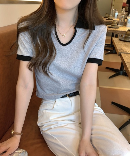 Girly Doll(ガーリードール)の「バイカラー半袖ポロカットソー(Tシャツ/カットソー・レディース・ホワイト/ブラック/グレー・L/M)」の18枚目の写真
