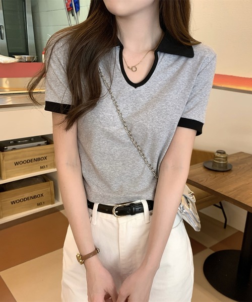 Girly Doll(ガーリードール)の「バイカラー半袖ポロカットソー(Tシャツ/カットソー・レディース・ホワイト/ブラック/グレー・L/M)」の19枚目の写真