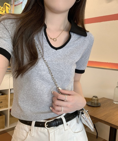 Girly Doll(ガーリードール)の「バイカラー半袖ポロカットソー(Tシャツ/カットソー・レディース・ホワイト/ブラック/グレー・L/M)」の20枚目の写真