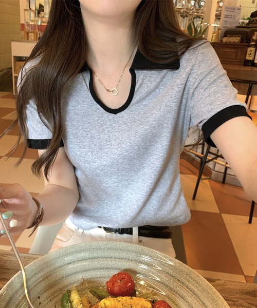 Girly Doll(ガーリードール)の「バイカラー半袖ポロカットソー(Tシャツ/カットソー・レディース・ホワイト/ブラック/グレー・L/M)」の21枚目の写真