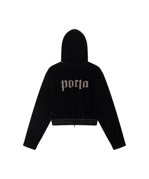 THEPORTA（ザ ポルタ）の「HOTFIX LOGO VELVET HOODIE ZIP-UP, BLACK（パーカー・レディース・その他・ONE SIZE）」の2枚目の写真