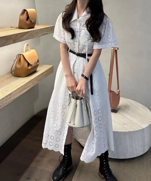 FLINEA(フリネア)の「レギュラーカラー刺繍パンチングレースシャツワンピース(シャツワンピース・レディース・ホワイト・FREE)」の5枚目の写真