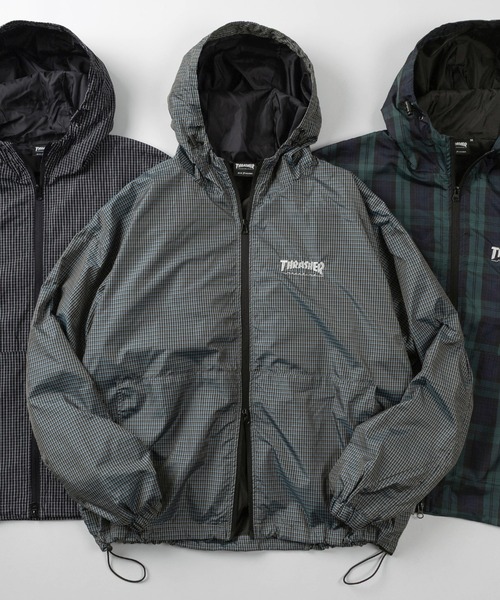 THRASHER(スラッシャー)の「【70】【THRASHER/スラッシャー】チェック柄 マウンテンパーカー/ウインドブレーカー/ブルゾン/ジャケット/ライトアウター/フーディー/オーバーサイズ/スケーター/ロゴ刺繍/ユニセックス/レディース/メンズ(ナイロンジャケット・レディース・ブルー/グリーン/ブラック・L/XL/M)」の1枚目の写真