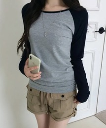 配色ラグランスリーブ ロングTシャツ