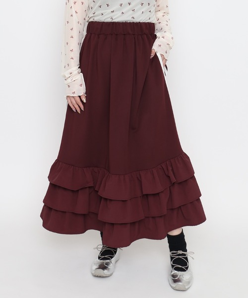 PUNYUS(プニュズ)の「【NEW SIZE】フリルティアードジャージロングスカート(スカート・レディース・レッド/ネイビー/ブラック・5/3/4/2/1)」の1枚目の写真