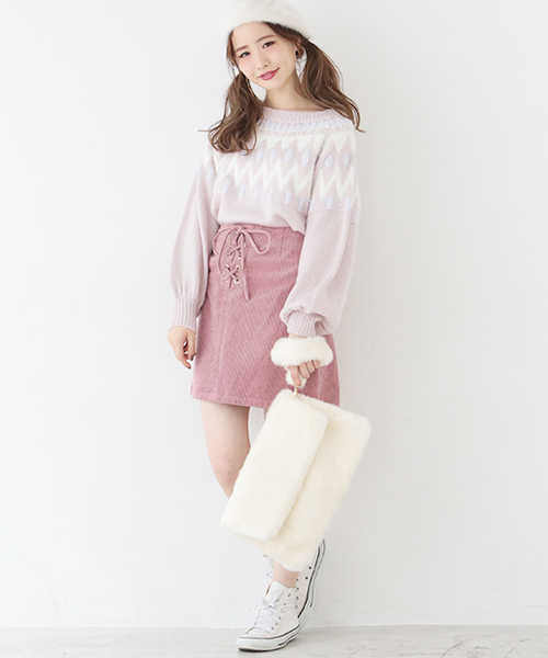 one after another NICE CLAUP(ワンアフターアナザーナイスクラップ)の「レースアップ台形ミニスカート(スカート・レディース・ブラウン/ピンク/ネイビー/アイボリー・FREE)」の10枚目の写真