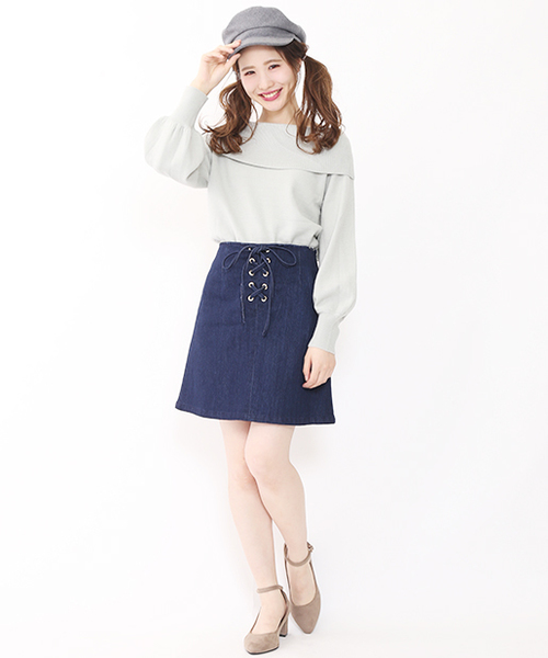 one after another NICE CLAUP(ワンアフターアナザーナイスクラップ)の「レースアップ台形ミニスカート(スカート・レディース・ブラウン/ピンク/ネイビー/アイボリー・FREE)」の13枚目の写真