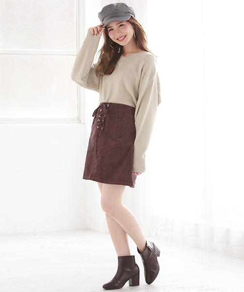 one after another NICE CLAUP(ワンアフターアナザーナイスクラップ)の「レースアップ台形ミニスカート(スカート・レディース・ブラウン/ピンク/ネイビー/アイボリー・FREE)」の7枚目の写真