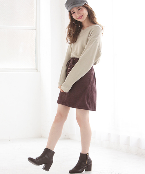 one after another NICE CLAUP(ワンアフターアナザーナイスクラップ)の「レースアップ台形ミニスカート(スカート・レディース・ブラウン/ピンク/ネイビー/アイボリー・FREE)」の8枚目の写真