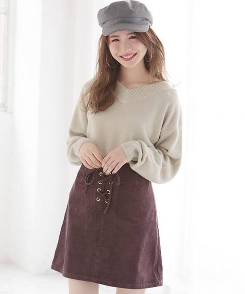 one after another NICE CLAUP(ワンアフターアナザーナイスクラップ)の「レースアップ台形ミニスカート(スカート・レディース・ブラウン/ピンク/ネイビー/アイボリー・FREE)」の9枚目の写真