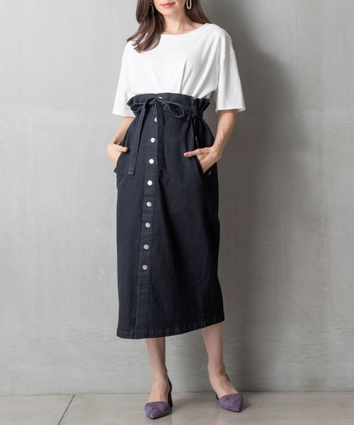 SweetMommy（スウィートマミー）の「【ZOZO限定】サスペンダー付き 2WAYロングデニムスカート（マタニティウェア/グッズ・レディース・カーキ/ネイビー/ストライプ/ダークネイビー・FREE）」の14枚目の写真