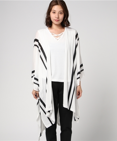 VENCEEXCHANGE（ヴァンスエクスチェンジ）の「ストライプポンチョアンサンブル （カーディガン/ボレロ・レディース・オフホワイト/ブラック・MEDIUM）」の9枚目の写真