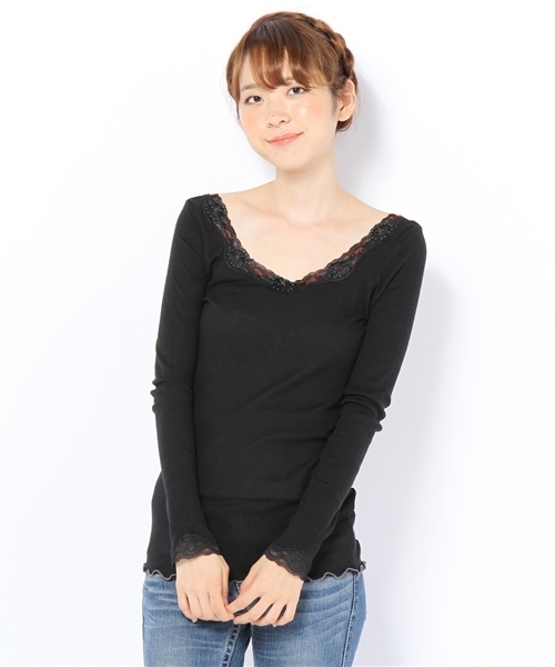 Kastane（カスタネ）の「バックVビーズロンT（Tシャツ/カットソー・レディース・オフホワイト/グレー/ブラック・FREE）」の2枚目の写真