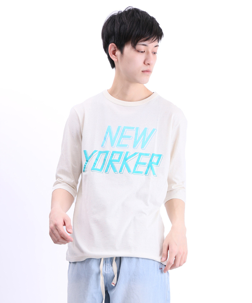 WEGO(ウィゴー)の「WEGO/カラーネッププリント7分袖Tシャツ(Tシャツ/カットソー・メンズ・ホワイト/ブラック/グリーン系その他/ネイビー・LARGE/MEDIUM)」の1枚目の写真