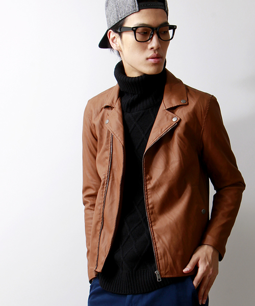 WEGO（ウィゴー）の「WEGO/フェイクレザーライダースジャケット（ライダースジャケット・メンズ・ブラック/ブラウン・LARGE/MEDIUM）」の2枚目の写真