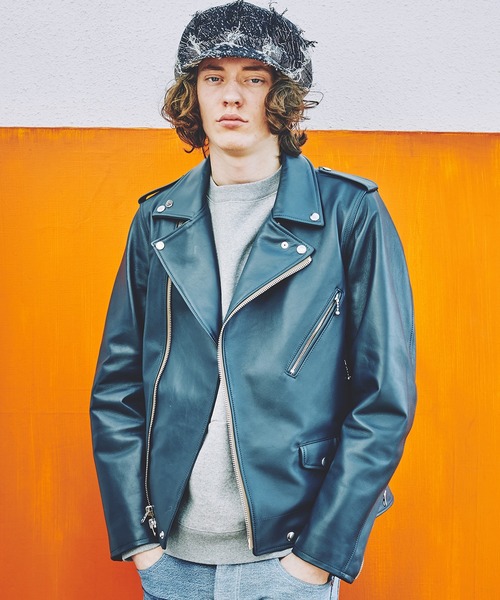 青色レザーダブルライダースジャケット KUON（クオン）さんの、奄美大島藍染・レザーダブルライダース