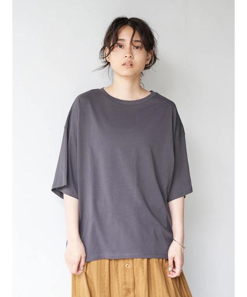 AMERICAN HOLIC（アメリカンホリック）の「クルーネック5分袖BIGカットプルオーバー　〇＊（Tシャツ/カットソー・レディース・チャコールグレー/ベージュ/ブラウン/ピンク/アイボリー/ミント・M/L）」の2枚目の写真