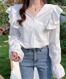 MAISON DE THERESE | 春夏Vネック長袖のフリルシャツ(シャツ/ブラウス)