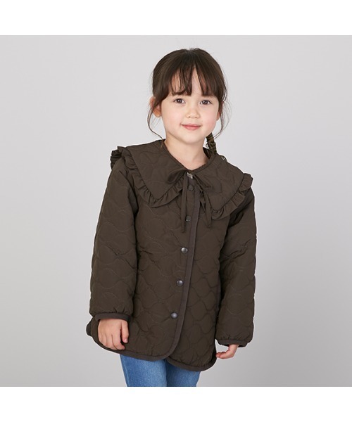petit main（プティマイン）の「【リンク】ビッグ衿キルトジャケット（ブルゾン・キッズ・ライトカーキ/ダークブラウン・M/S/L）」の2枚目の写真