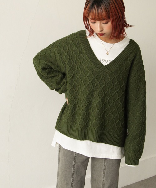 Chillfar(チルファー)の「ジャガードVネックニットプルオーバー(ニット/セーター・レディース・ブラック/ベージュ/グリーン/アイボリー・FREE)」の12枚目の写真