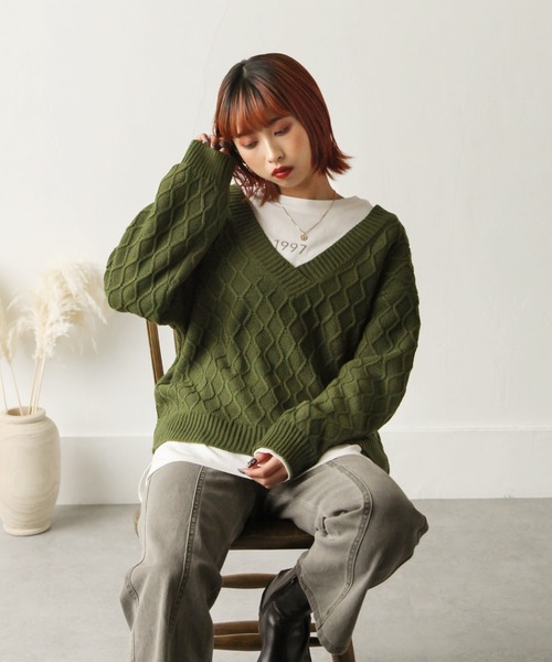 Chillfar(チルファー)の「ジャガードVネックニットプルオーバー(ニット/セーター・レディース・ブラック/ベージュ/グリーン/アイボリー・FREE)」の13枚目の写真