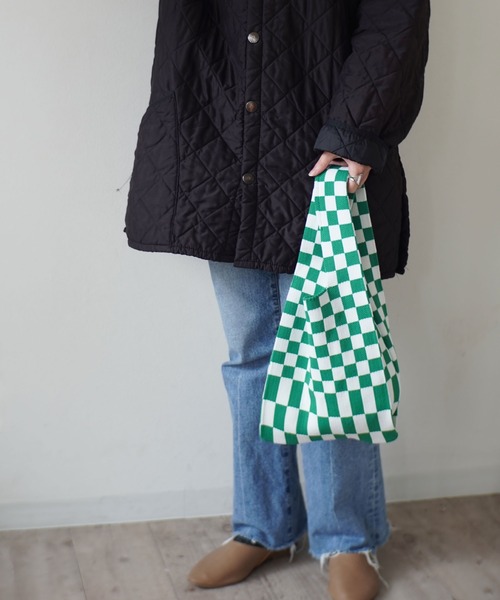 Port(ポート)の「ブロックチェック ニット トートバッグ #(トートバッグ・レディース・グリーン×ピンク/ホワイト×ブラック/ホワイト×グリーン・FREE)」の1枚目の写真