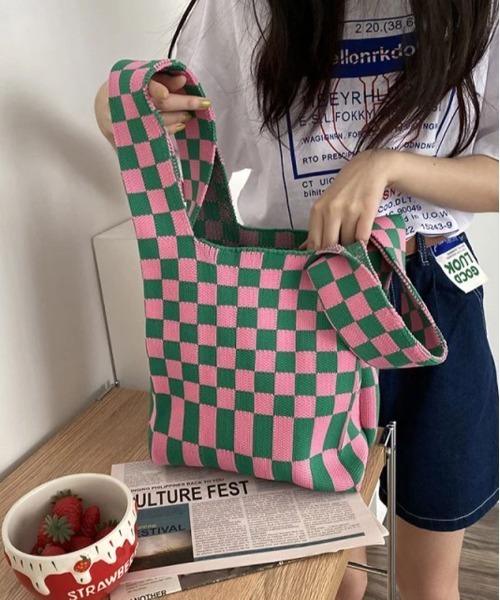 Port(ポート)の「ブロックチェック ニット トートバッグ #(トートバッグ・レディース・グリーン×ピンク/ホワイト×ブラック/ホワイト×グリーン・FREE)」の11枚目の写真