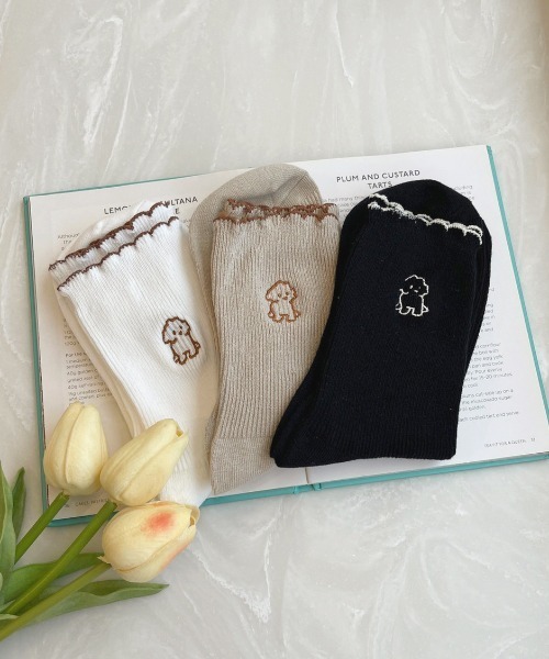 apres jour（アプレジュール）の「【apres jour×ARIAZ】３セットわんこ刺繍ソックス（ソックス/靴下・レディース・ブラック/モカ・FREE）」の2枚目の写真