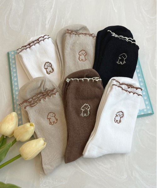 apres jour（アプレジュール）の「【apres jour×ARIAZ】３セットわんこ刺繍ソックス（ソックス/靴下・レディース・ブラック/モカ・FREE）」の3枚目の写真
