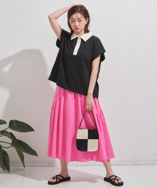 MERLOT（メルロー）の「フレンチスリーブワイドポロ（ポロシャツ・レディース・ブラック/グリーン・FREE）」の9枚目の写真