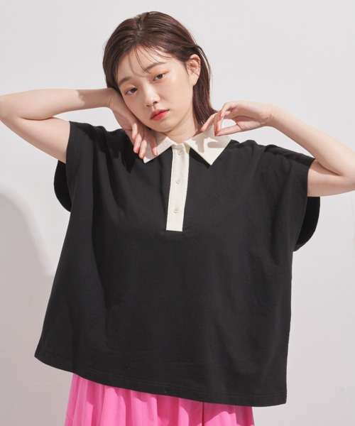 MERLOT（メルロー）の「フレンチスリーブワイドポロ（ポロシャツ・レディース・ブラック/グリーン・FREE）」の3枚目の写真
