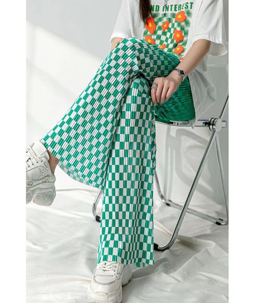 DEVICE(デバイス)の「ブロックチェック チェッカー プリーツ グラデーションリラックスパンツ(スラックス・レディース・ブラック/グリーン/ブルー・FREE)」の9枚目の写真