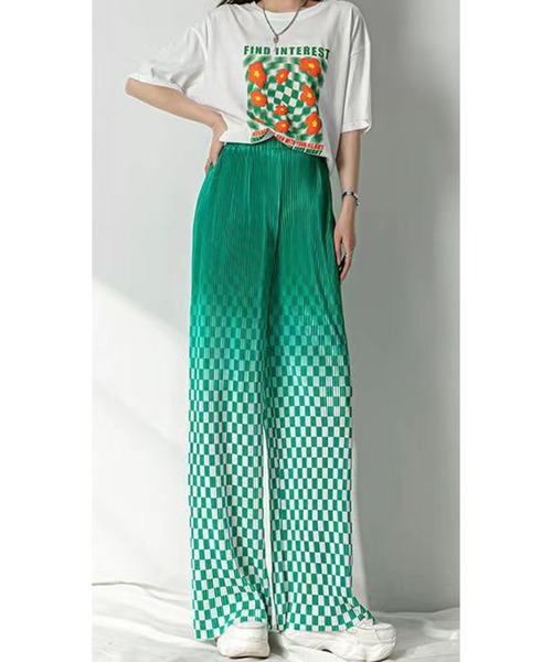 DEVICE(デバイス)の「ブロックチェック チェッカー プリーツ グラデーションリラックスパンツ(スラックス・レディース・ブラック/グリーン/ブルー・FREE)」の5枚目の写真