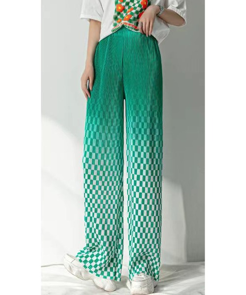 DEVICE(デバイス)の「ブロックチェック チェッカー プリーツ グラデーションリラックスパンツ(スラックス・レディース・ブラック/グリーン/ブルー・FREE)」の6枚目の写真
