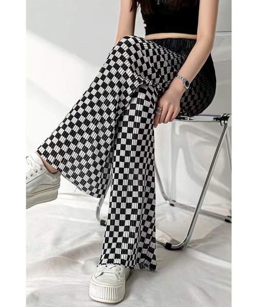 DEVICE(デバイス)の「ブロックチェック チェッカー プリーツ グラデーションリラックスパンツ(スラックス・レディース・ブラック/グリーン/ブルー・FREE)」の14枚目の写真