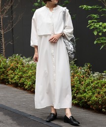 バックプリーツバンドカラーシャツワンピース　襟付き