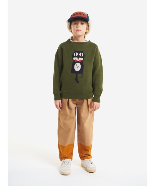 BOBO CHOSES(ボボショーズ)の「Cat O'Clock jacquard jumper(ニット/セーター・キッズ・カーキ・6-7YEAR/8YEAR/4-5YEAR)」の1枚目の写真