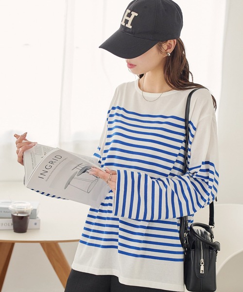 KOBE LETTUCE（コウベレタス）の「パネルボーダービッグロンT（Tシャツ/カットソー・レディース・ホワイト×グリーン/ホワイト×ブルー/ホワイト×ブラック/ホワイト×ピンク・FREE）」の2枚目の写真