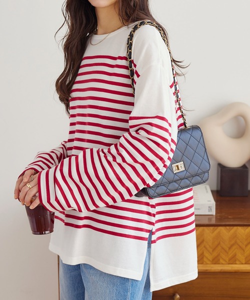 KOBE LETTUCE（コウベレタス）の「パネルボーダービッグロンT（Tシャツ/カットソー・レディース・ホワイト×グリーン/ホワイト×ブルー/ホワイト×ブラック/ホワイト×ピンク・FREE）」の4枚目の写真