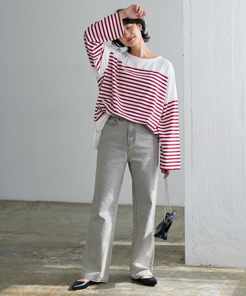 KOBE LETTUCE（コウベレタス）の「パネルボーダービッグロンT（Tシャツ/カットソー・レディース・ホワイト×グリーン/ホワイト×ブルー/ホワイト×ブラック/ホワイト×ピンク・FREE）」の15枚目の写真