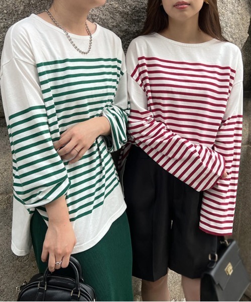 KOBE LETTUCE（コウベレタス）の「パネルボーダービッグロンT（Tシャツ/カットソー・レディース・ホワイト×グリーン/ホワイト×ブルー/ホワイト×ブラック/ホワイト×ピンク・FREE）」の11枚目の写真