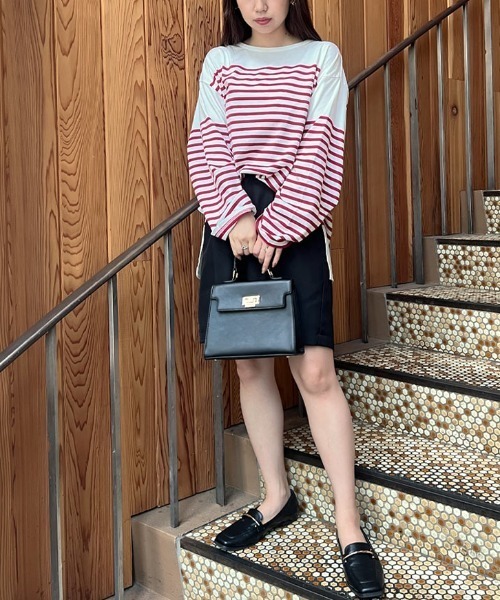 KOBE LETTUCE（コウベレタス）の「パネルボーダービッグロンT（Tシャツ/カットソー・レディース・ホワイト×グリーン/ホワイト×ブルー/ホワイト×ブラック/ホワイト×ピンク・FREE）」の13枚目の写真